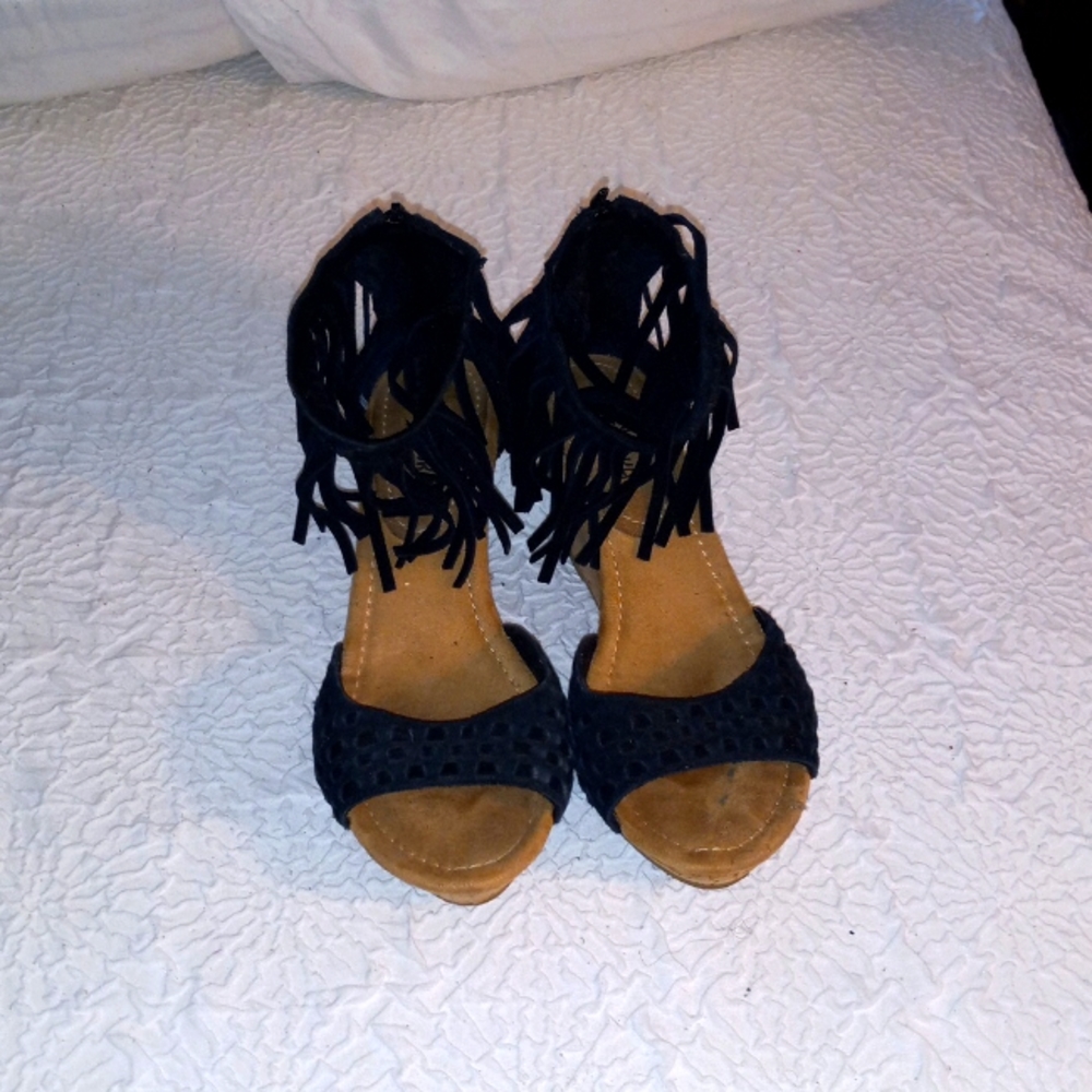 Fringe suede wedge sandals